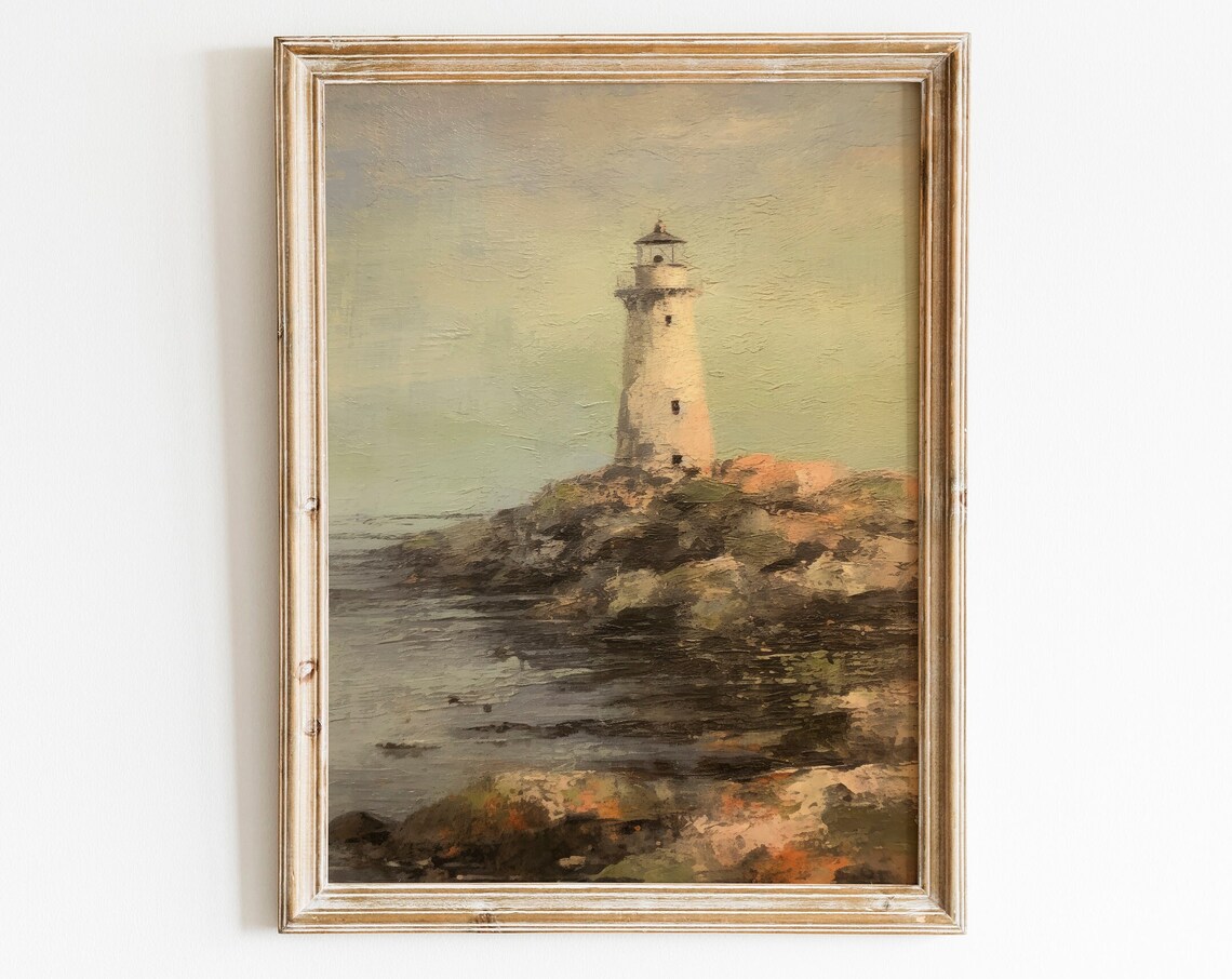 Coastal Lighthouse Rocky Shore Vintage Nautical Seascape Art Print