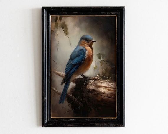 Vintage Bluebird Bird Print Antique Bird Wall Art Moody Vintage Decor Living Room Art Oil Painting