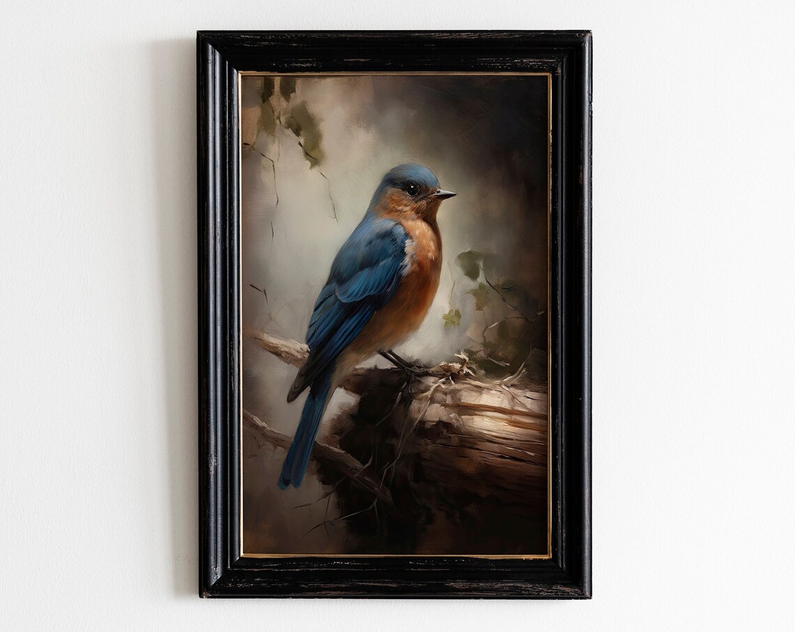 Vintage Eastern Bluebird Oil Painting Blue Bird Portrait Art Print