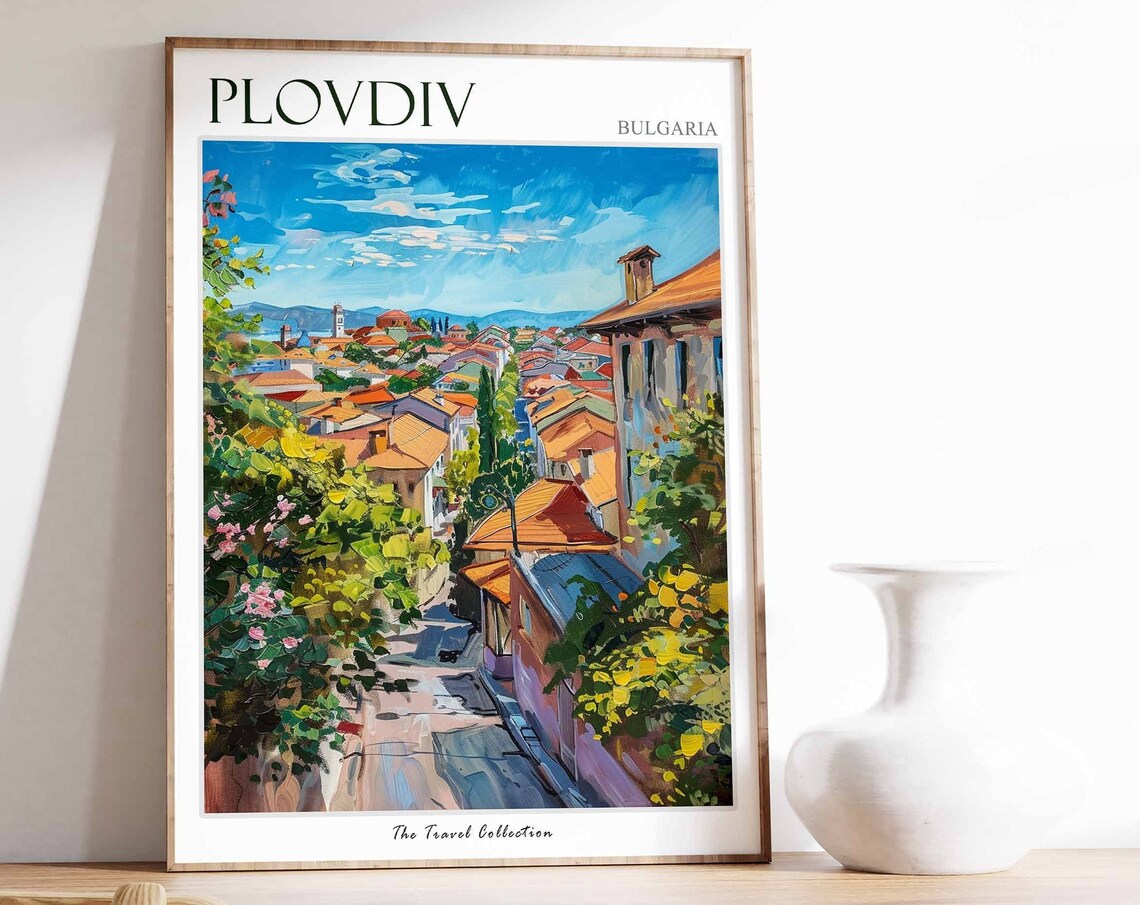 Plovdiv Bulgaria Blooming Flower Lined Old Town Street Travel Poster