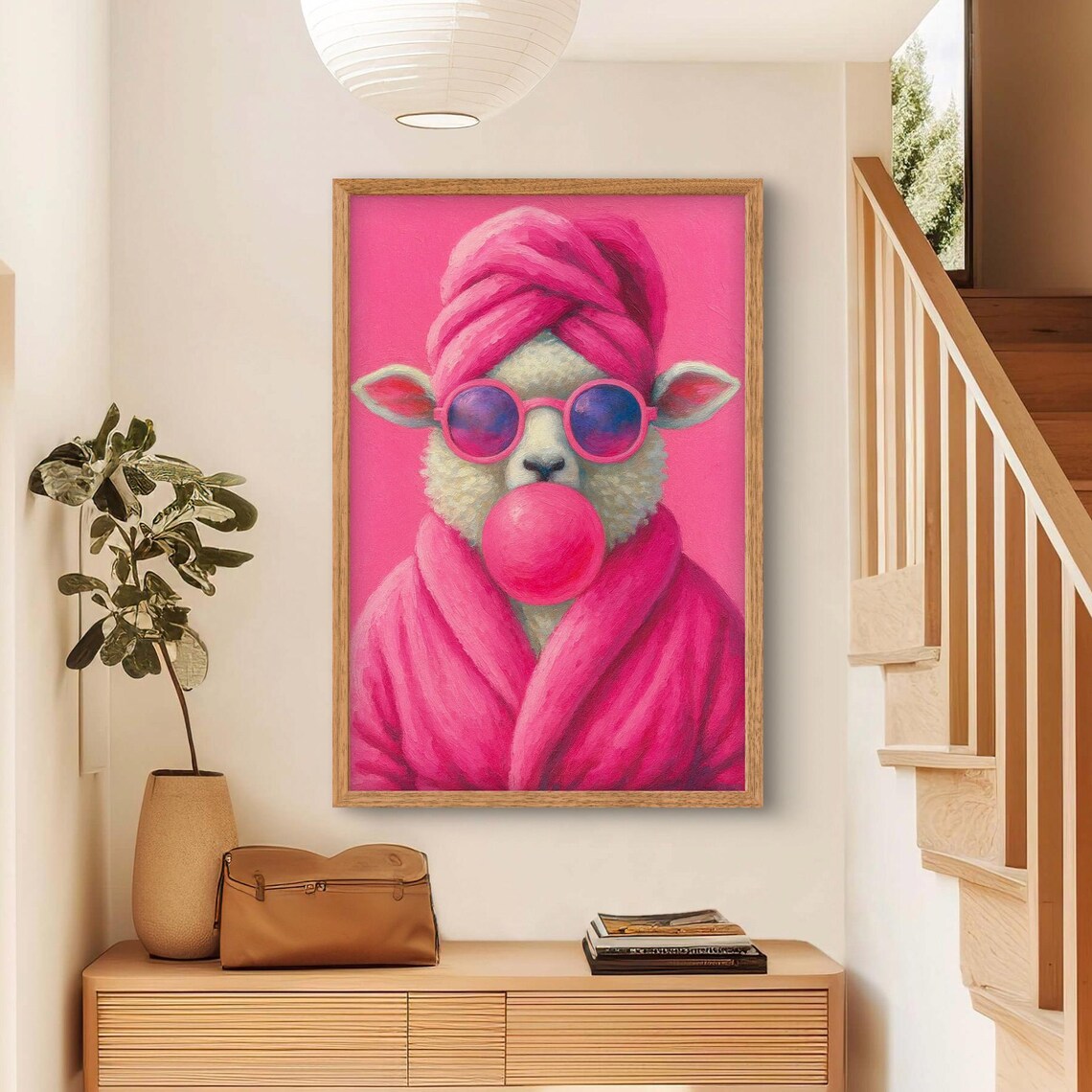 Funny Sheep Pink Sunglasses Bubble Gum Playful Farmhouse Poster