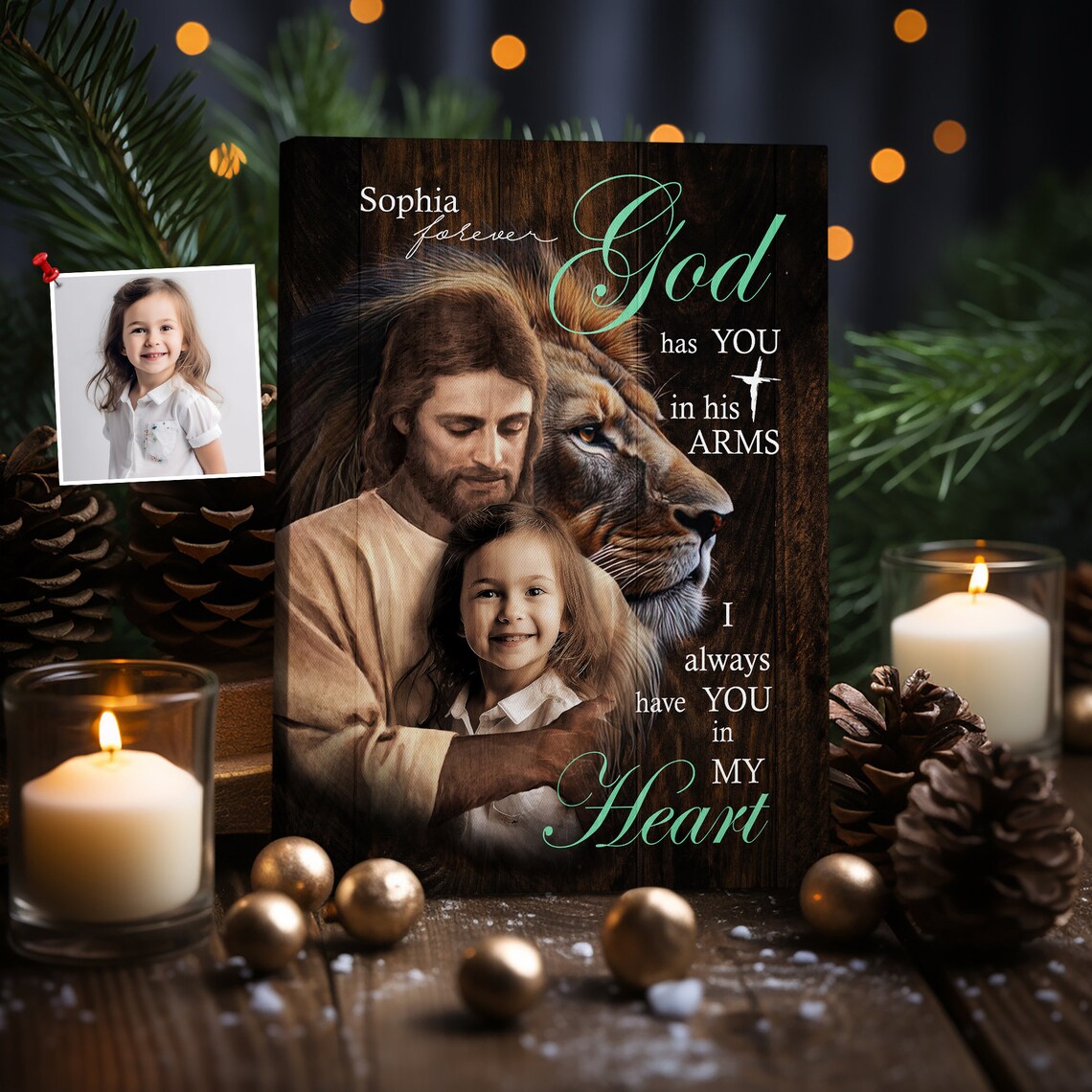 Jesus and Lion of Judah God Has You in His Arms Personalized Canvas Poster - Image 6