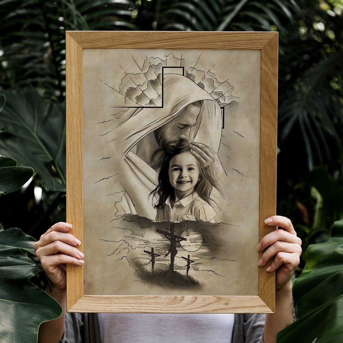 Add Your Child To Safe In The Arms Of God Portrait Art File Child And God Pencil Portrait Jesus Hugging Child Art - Image 3