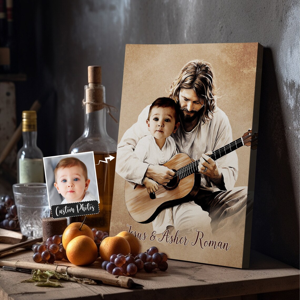 Jesus Playing Guitar With Toddler Asher Roman Sepia Watercolor Poster - Image 4