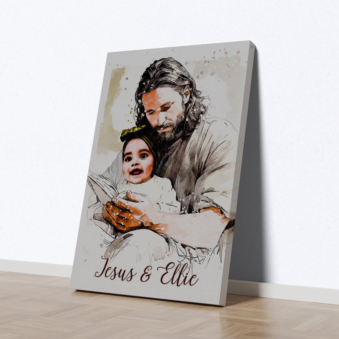 Jesus Reading to Toddler Ellie Ink Wash Personalized Memorial Poster - Image 2