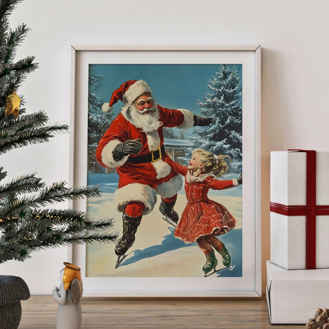 Santa Claus And A Little Girl Ice Skating Art Vintage Painting Retro Christmas Poster Winter Wall Art Light Academia Decor Holiday Print - Image 4