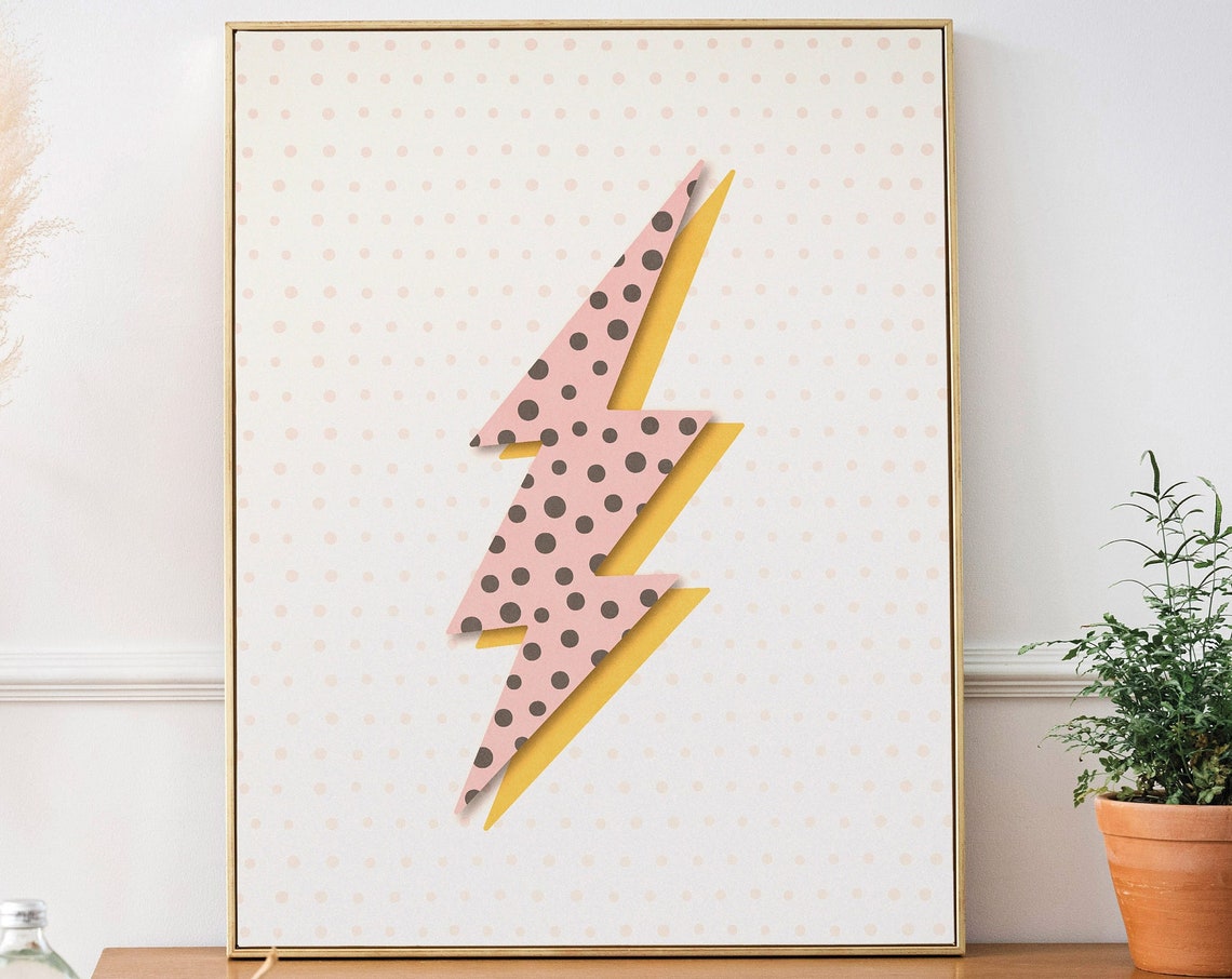 Pink Polka Dot Lightning Bolt Modern Minimalist Decor Wall Art