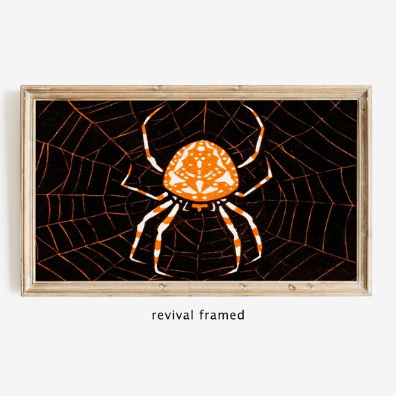 Bold Orange Spider in a Web Vintage Halloween Illustration Poster