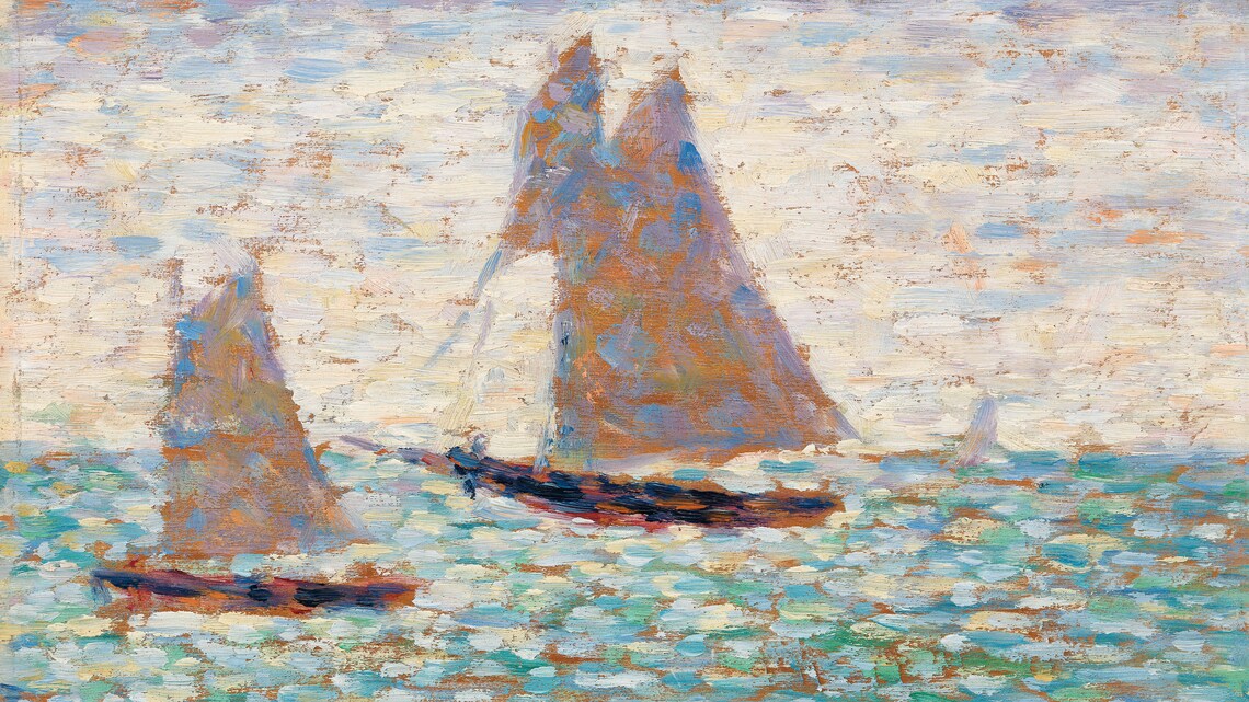 Pointillist Sailboats on a Sparkling Sea Vintage Painting Poster - Image 2