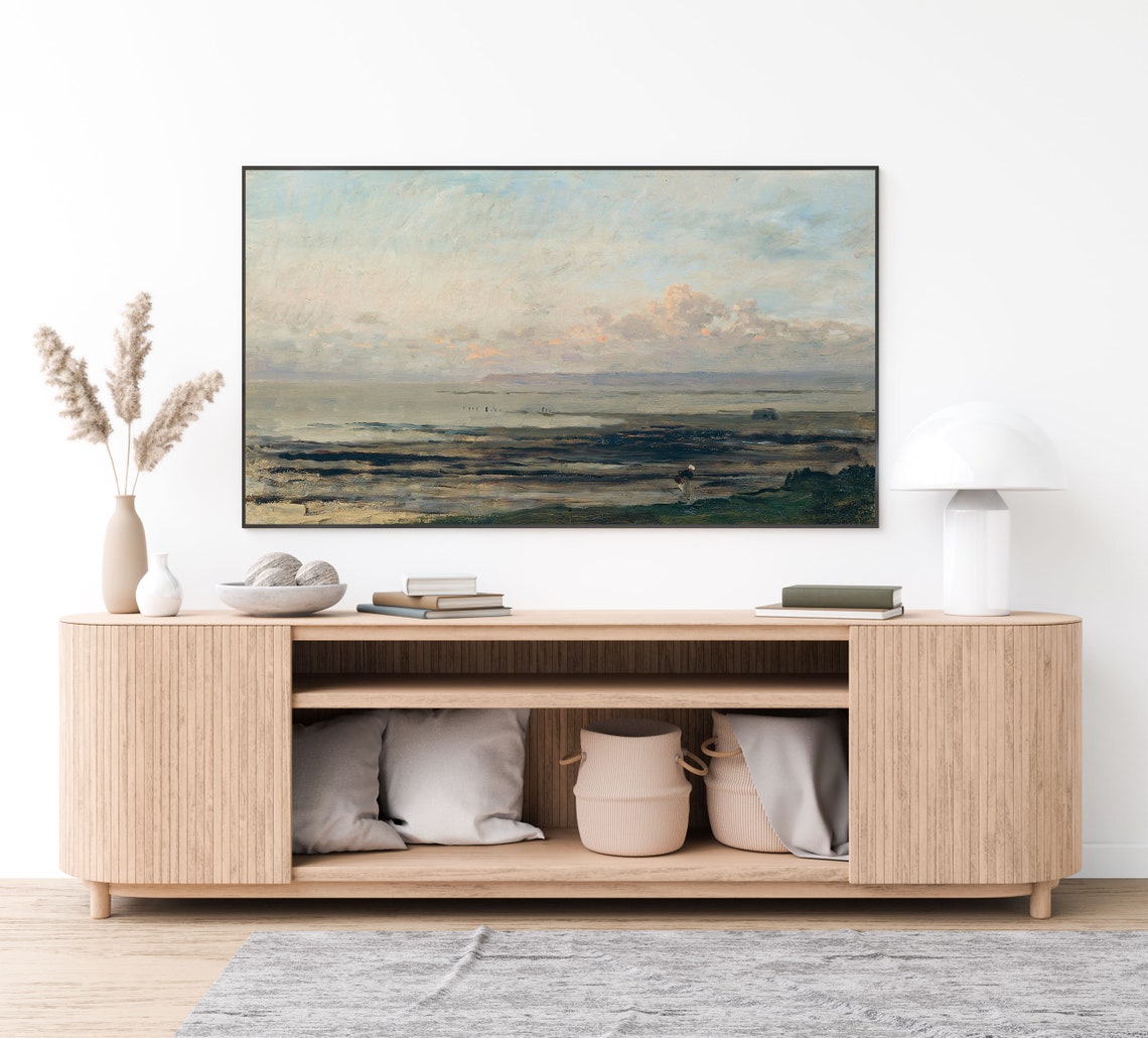Frame Tv Art Coastal Tv Art Beach Vintage Oil Painting Neutral Seascape Painting Frame Tv Art Large Art Gallery Wall - Image 3