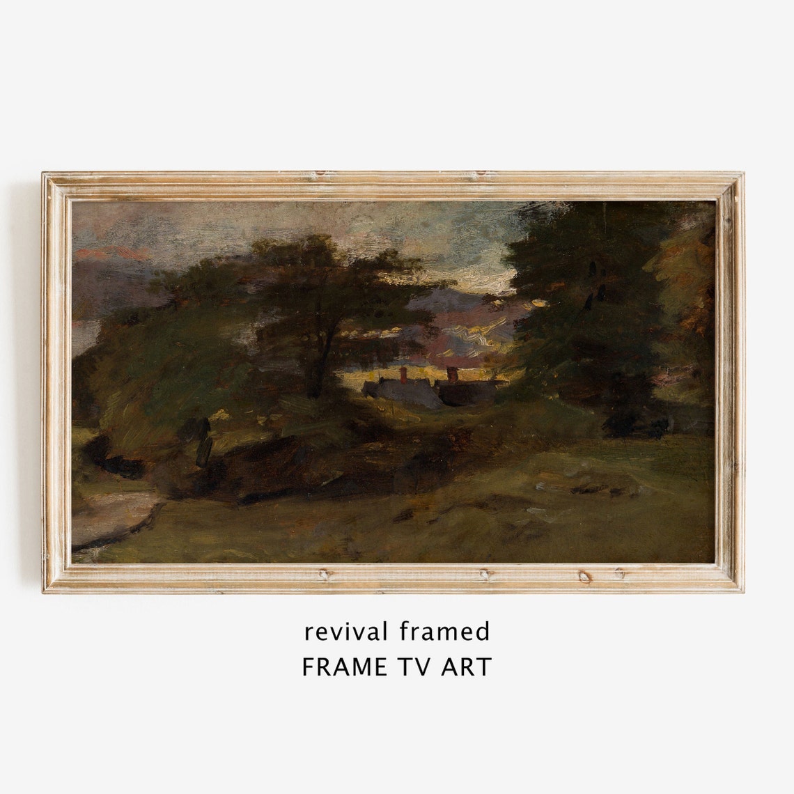 Rustic Village Landscape at Dusk with a Glowing Sunset Poster