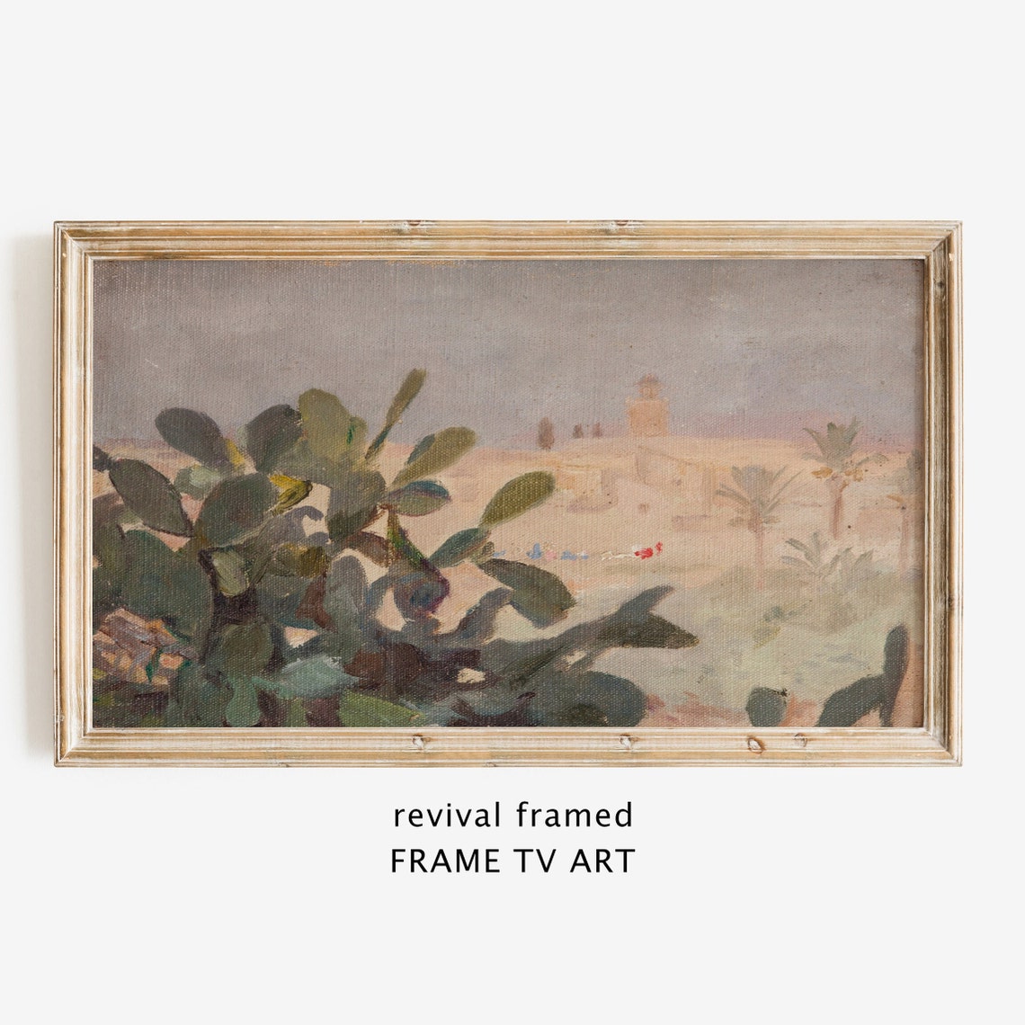 Prickly Pear Cactus Desert Painting with Distant Town and Palms Poster