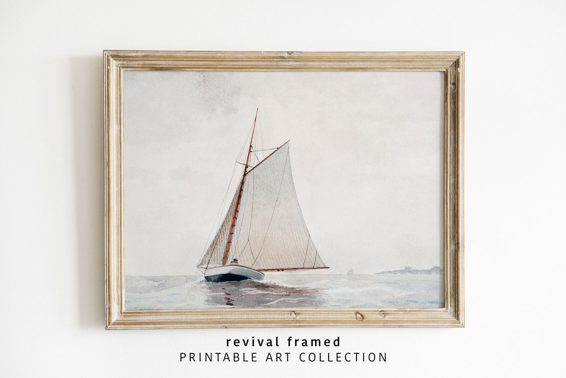 Minimalist Sailboat with White Sails Gliding on a Calm Gray Sea Poster