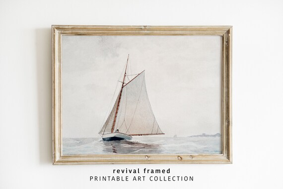 Minimalist Sailboat with White Sails Gliding on a Calm Gray Sea Poster