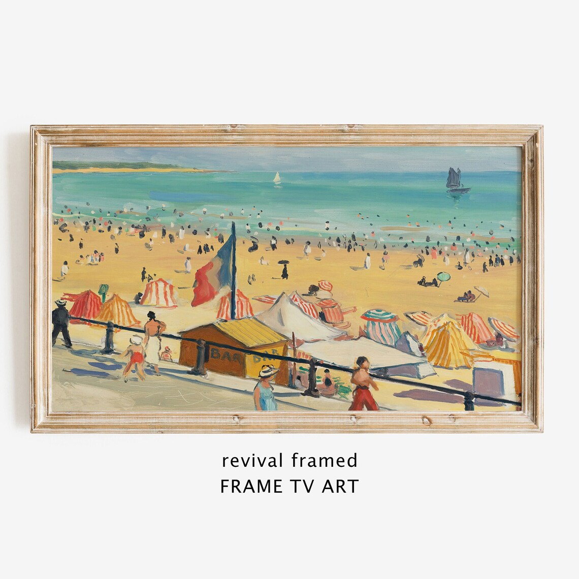 1920s Art Deco Crowded Beach Painting with Striped Tents and Sailboats Poster
