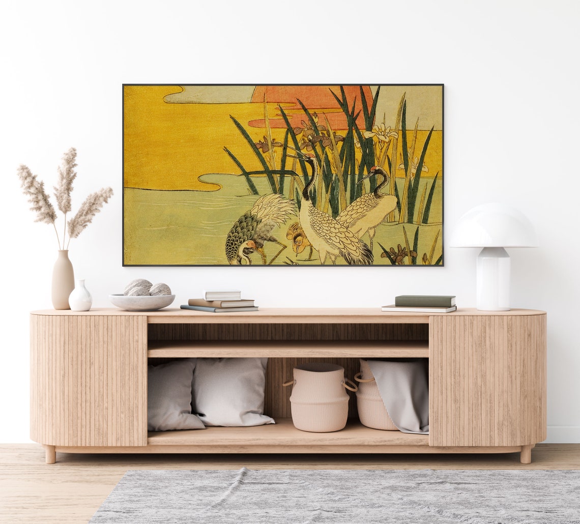 Japanese Cranes in a Marsh at Sunset Vintage Woodblock Poster - Image 4