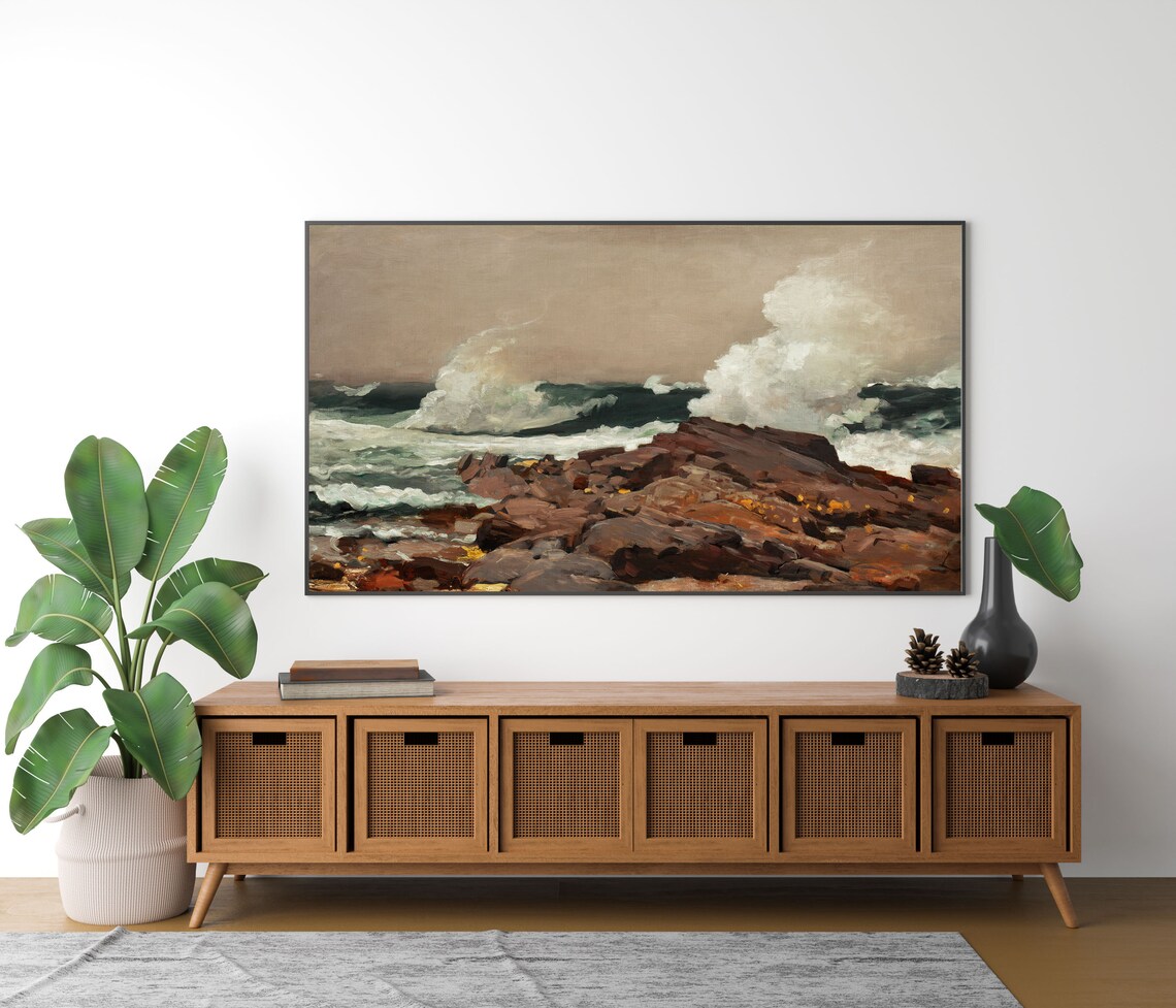 Crashing Waves Rocky Shore Dramatic Ocean Spray Vintage Coastal Painting Poster - Image 3