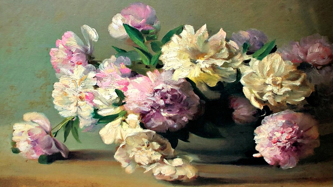 Pink and White Peonies Vintage Still Life Oil Painting Floral Poster - Image 2