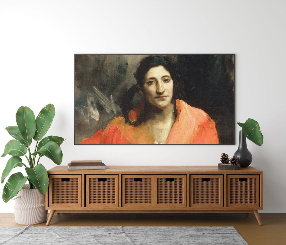 Woman in Red Shawl Moody Vintage Portrait Dark Oil Painting Art Poster - Image 3