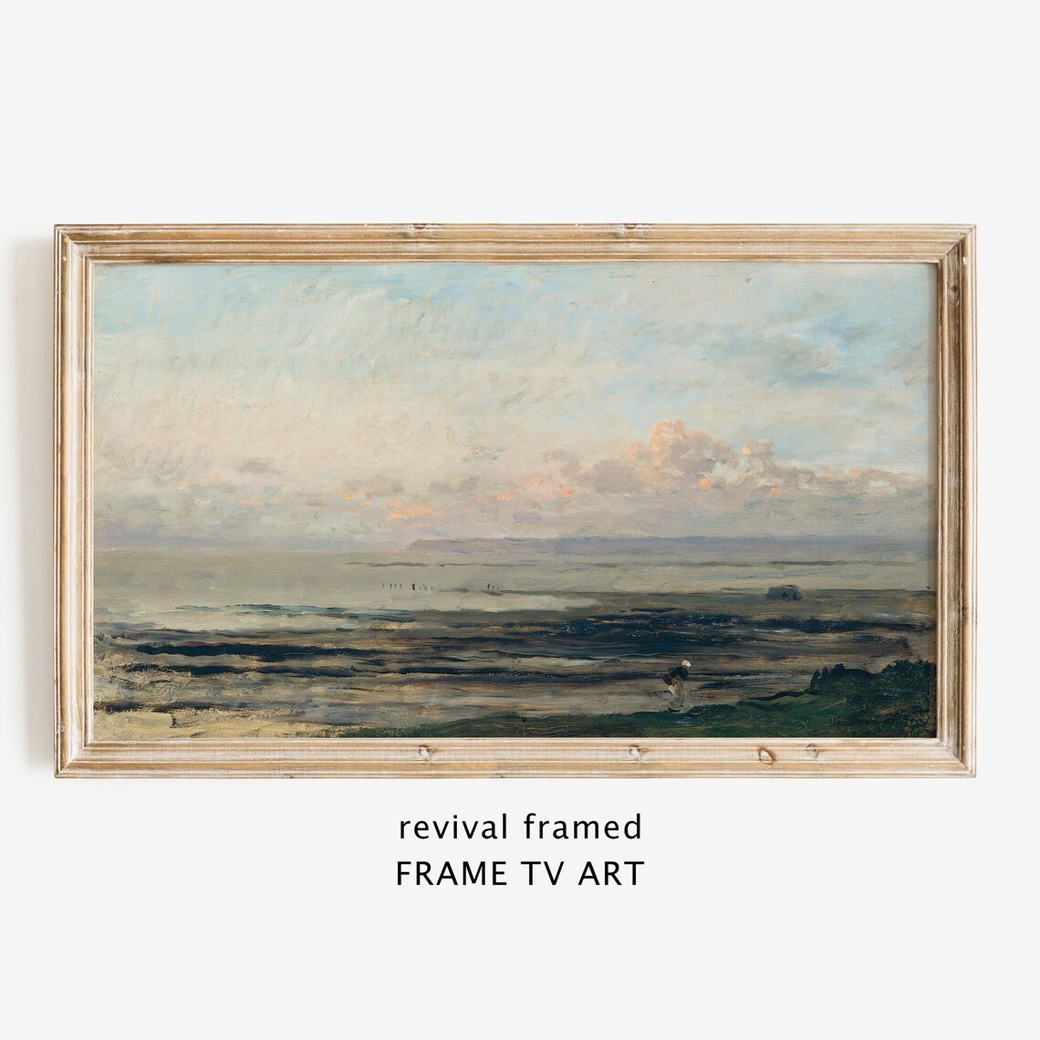 Vintage Coastal Beach Seascape Oil Painting Soft Cloudy Low Tide Poster