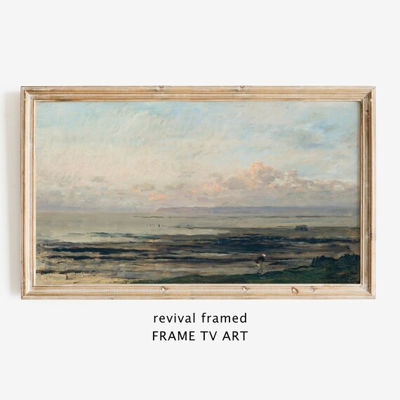 Vintage Coastal Beach Seascape Oil Painting Soft Cloudy Low Tide Poster