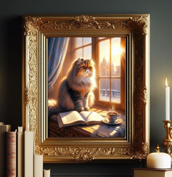 Fluffy Long-Haired Cat by Sunlit Window with Book and Tea Poster