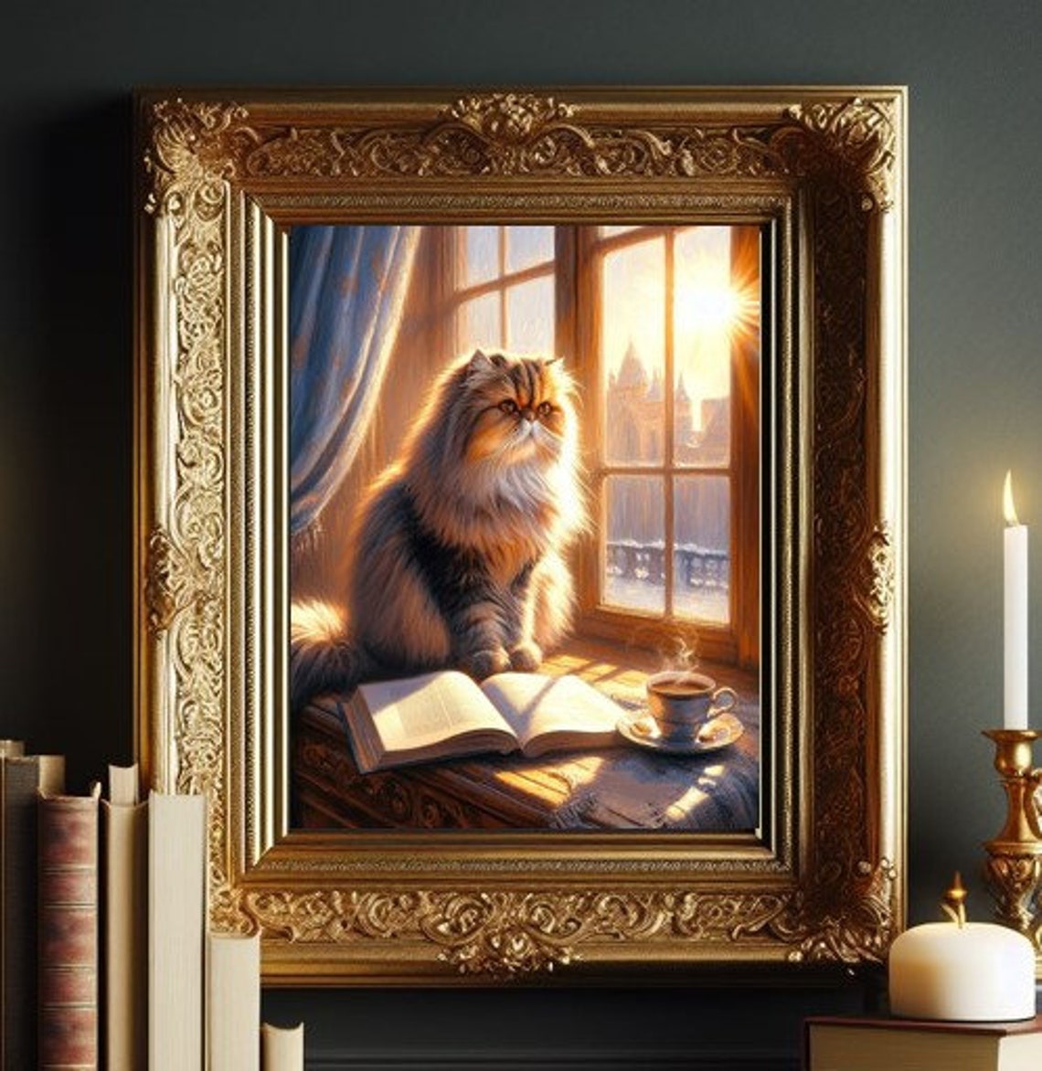 Fluffy Long-Haired Cat by Sunlit Window with Book and Tea Poster