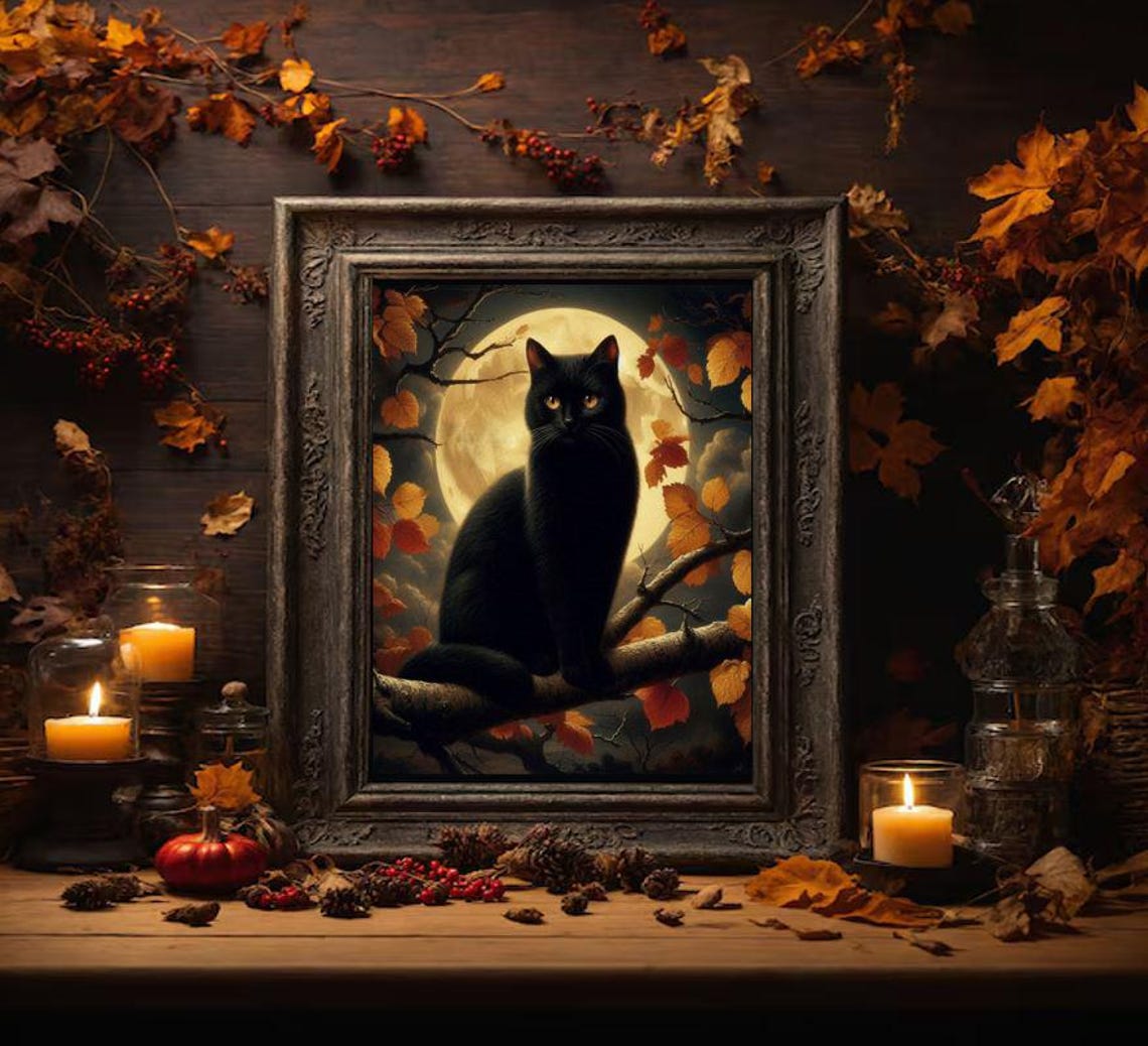 Black Cat Under the Full Moon Autumn Dark Academia Art Poster