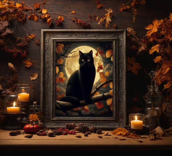 Black Cat Under the Full Moon Autumn Dark Academia Art Poster