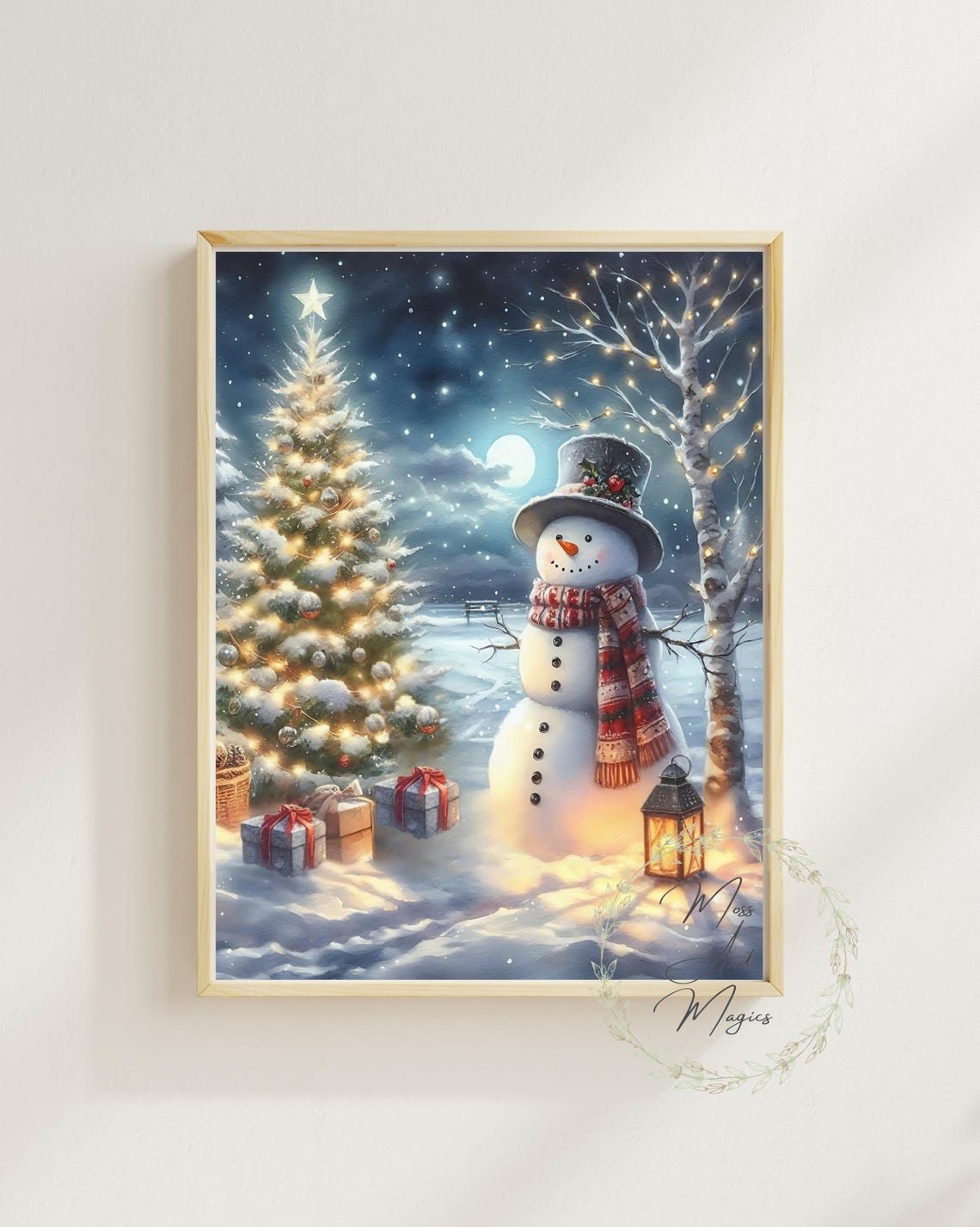 Snowman Beside a Lit Christmas Tree on a Starry Snowy Night Poster