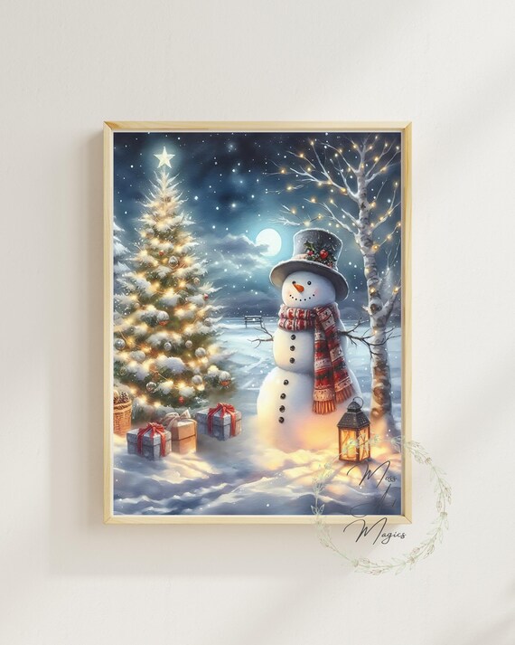 Snowman Beside a Lit Christmas Tree on a Starry Snowy Night Poster