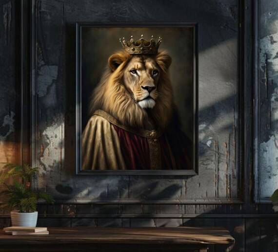 Crowned Lion King Renaissance Royalty Portrait Animal Poster