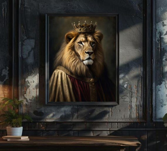 King Lion With Crown Fantasy Dark Academia Renaissance Portrait Animal Classy Royalty Victorian Art Picture Painting Print