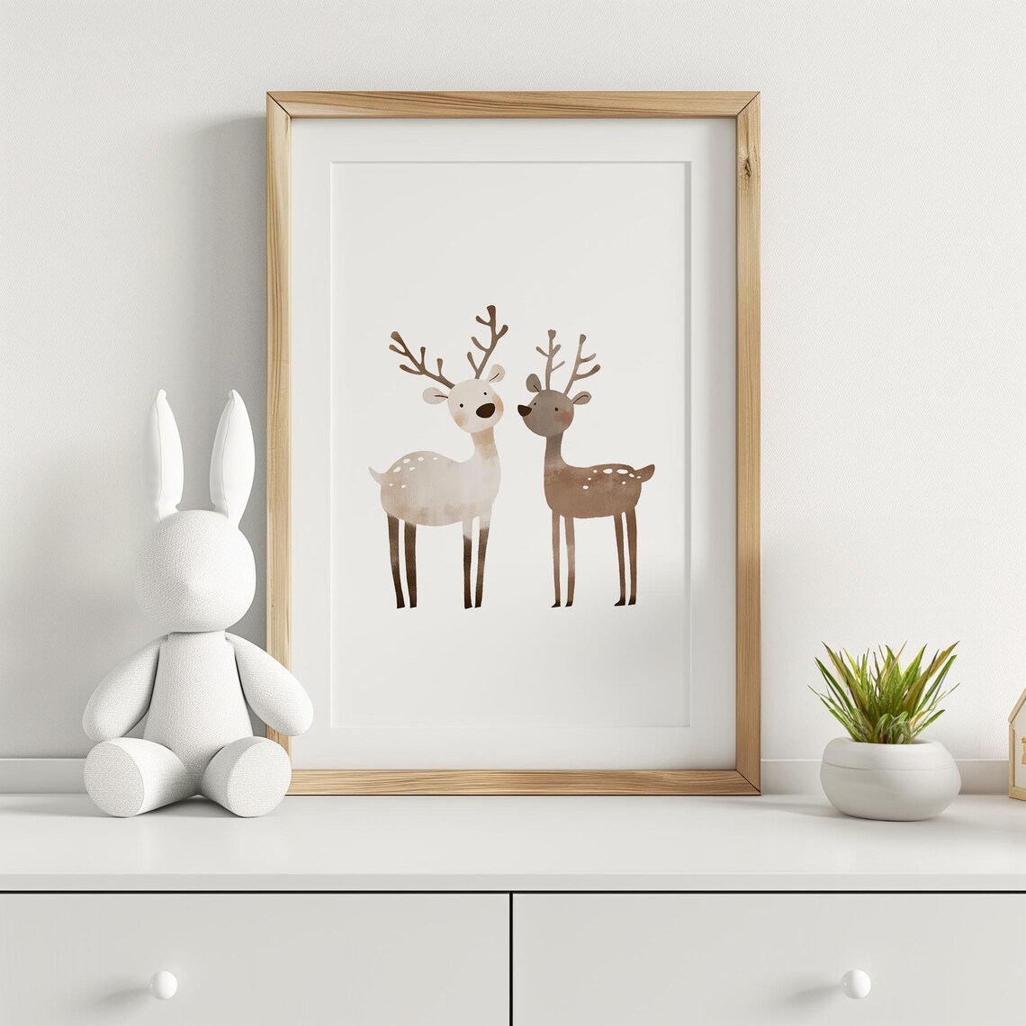 Two Cute Reindeer Friends Minimalist White Background Nursery Poster - Image 2