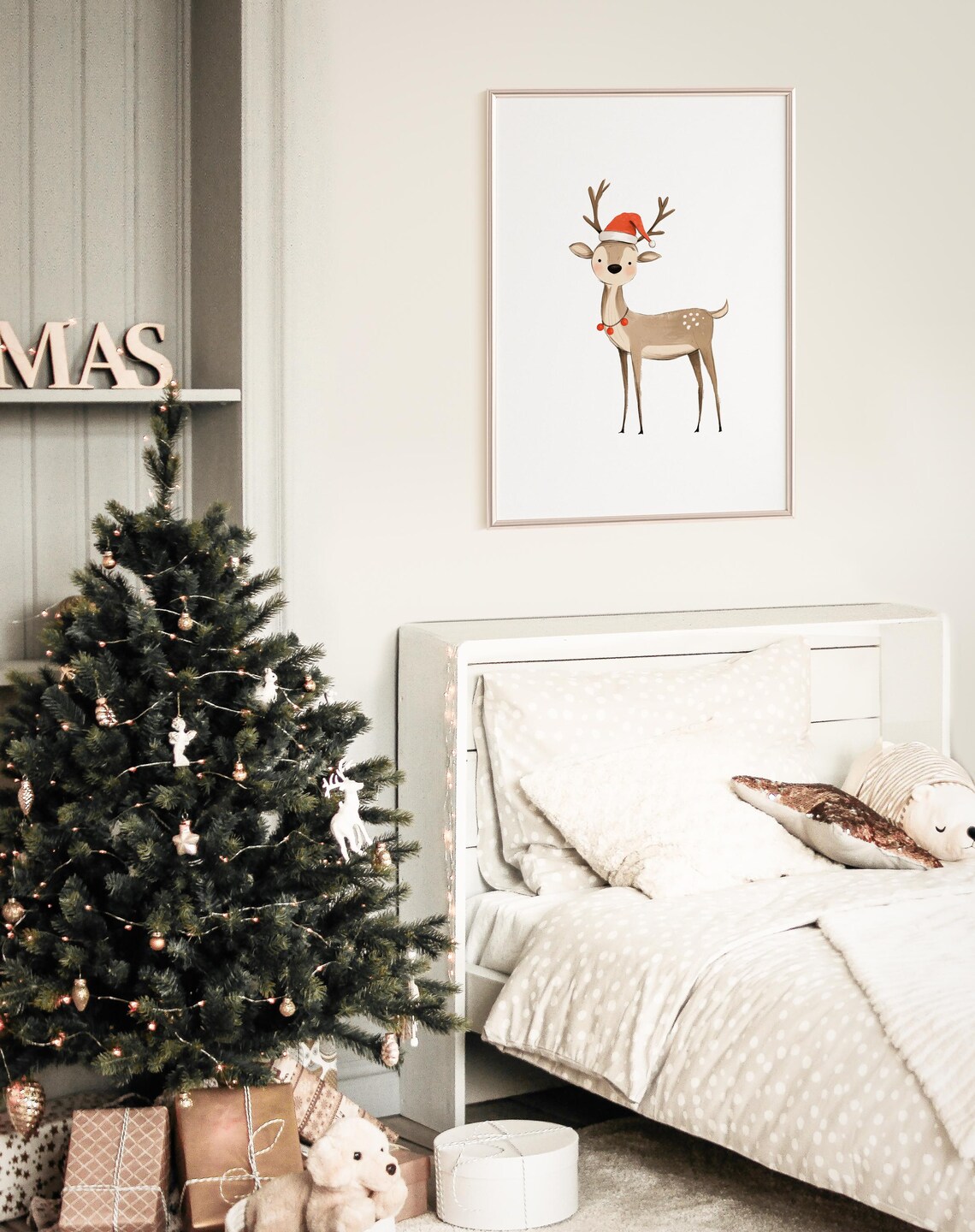 Cute Reindeer Santa Hat Berry Necklace Nursery Christmas Poster - Image 4