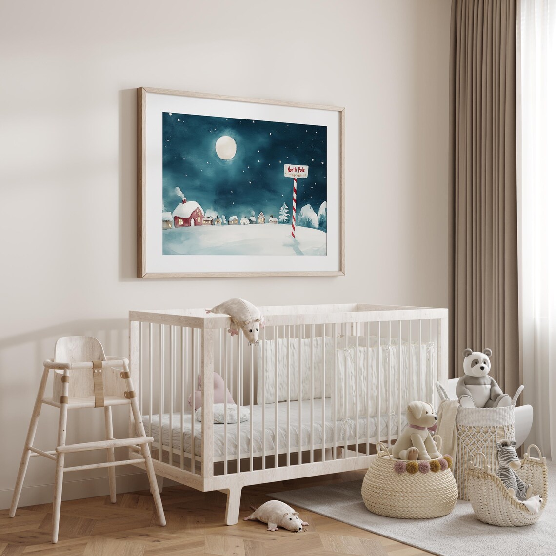 North Pole Sign Candy Cane Pole Snowy Village Night Watercolor Poster - Image 3