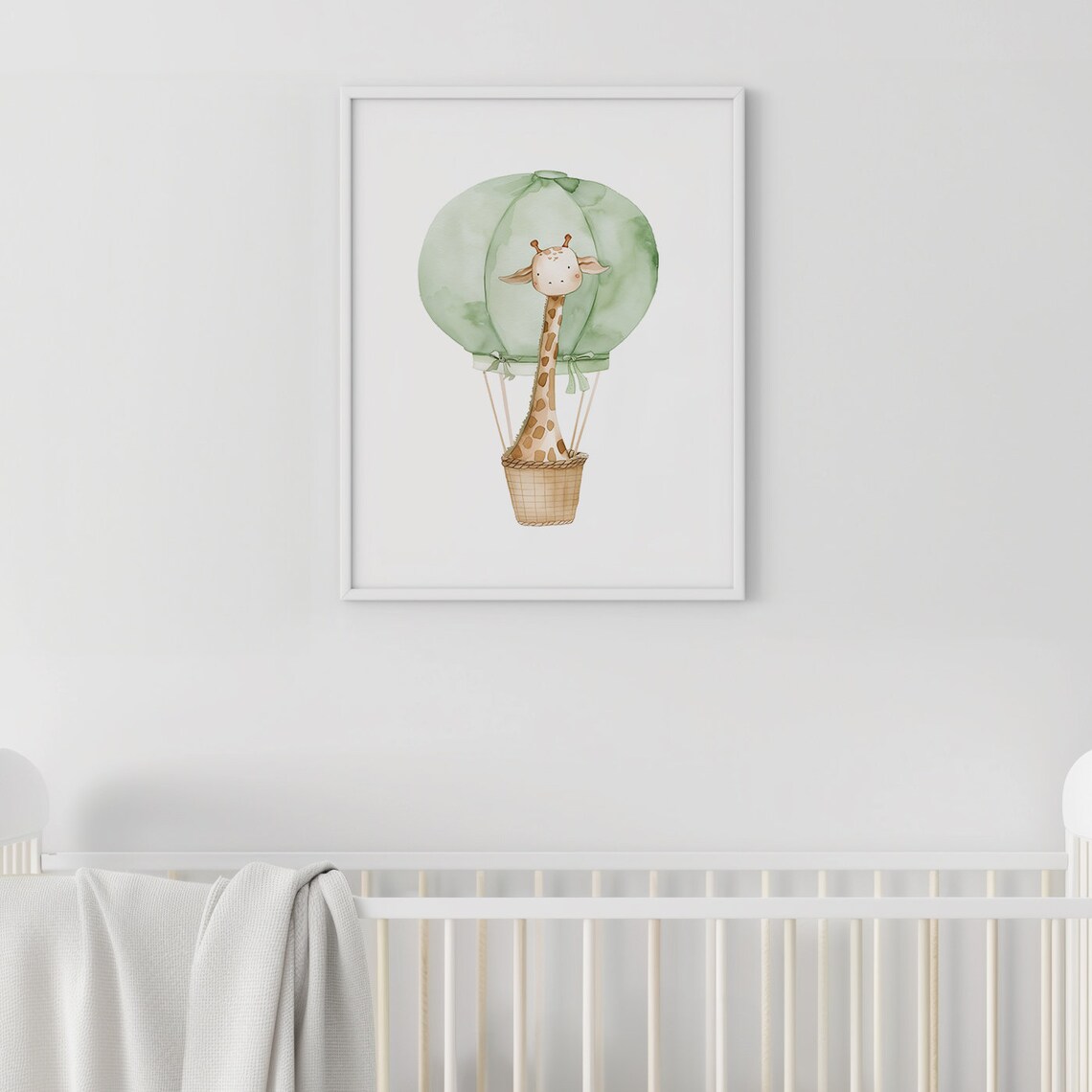 Giraffe Green Hot Air Balloon Neutral Baby Nursery Watercolor Poster - Image 2