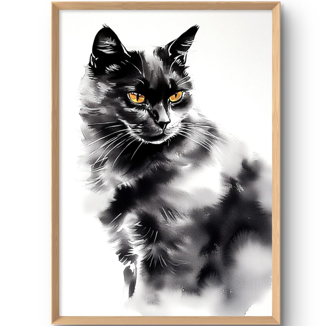 Black Cat Watercolor Art Print Amber Eyed Feline Portrait Painting