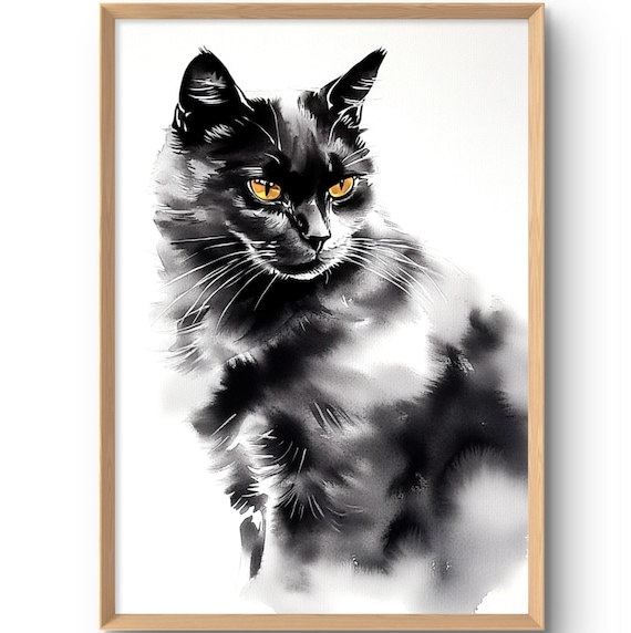 Black Cat Watercolor Art Print Amber Eyed Feline Portrait Painting