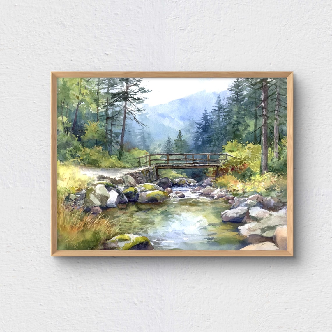 Smoky Mountains Watercolor Stream, Cabin Decor Print