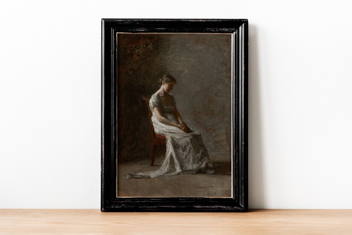 Victorian Lady Portrait Seated Chair Moody Antique Oil Painting Wall Print - Image 2