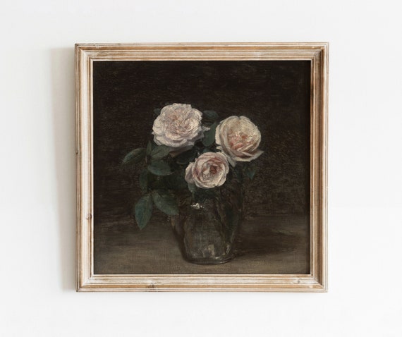 Three Pink Roses Vintage Floral Still Life Art Print