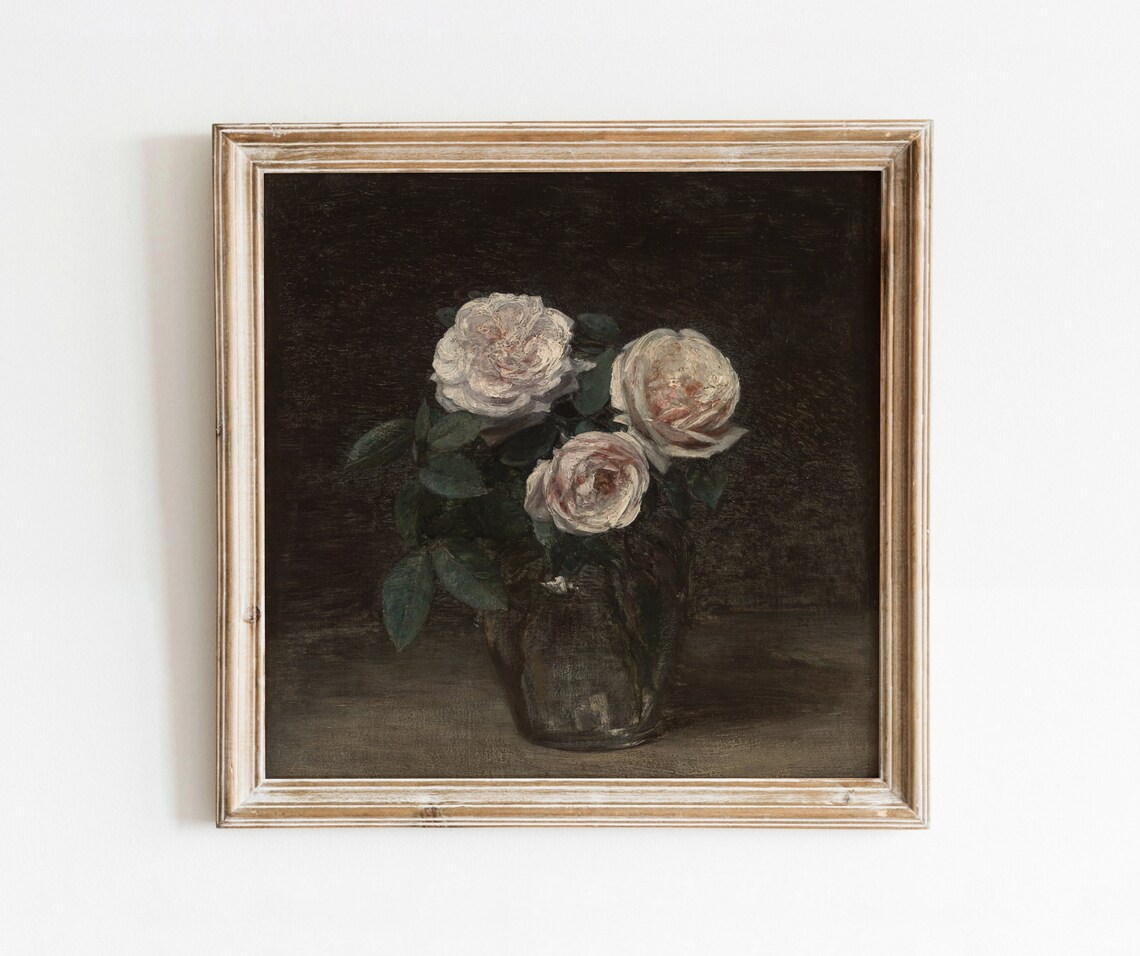 Three Pink Roses Vintage Floral Still Life Art Print