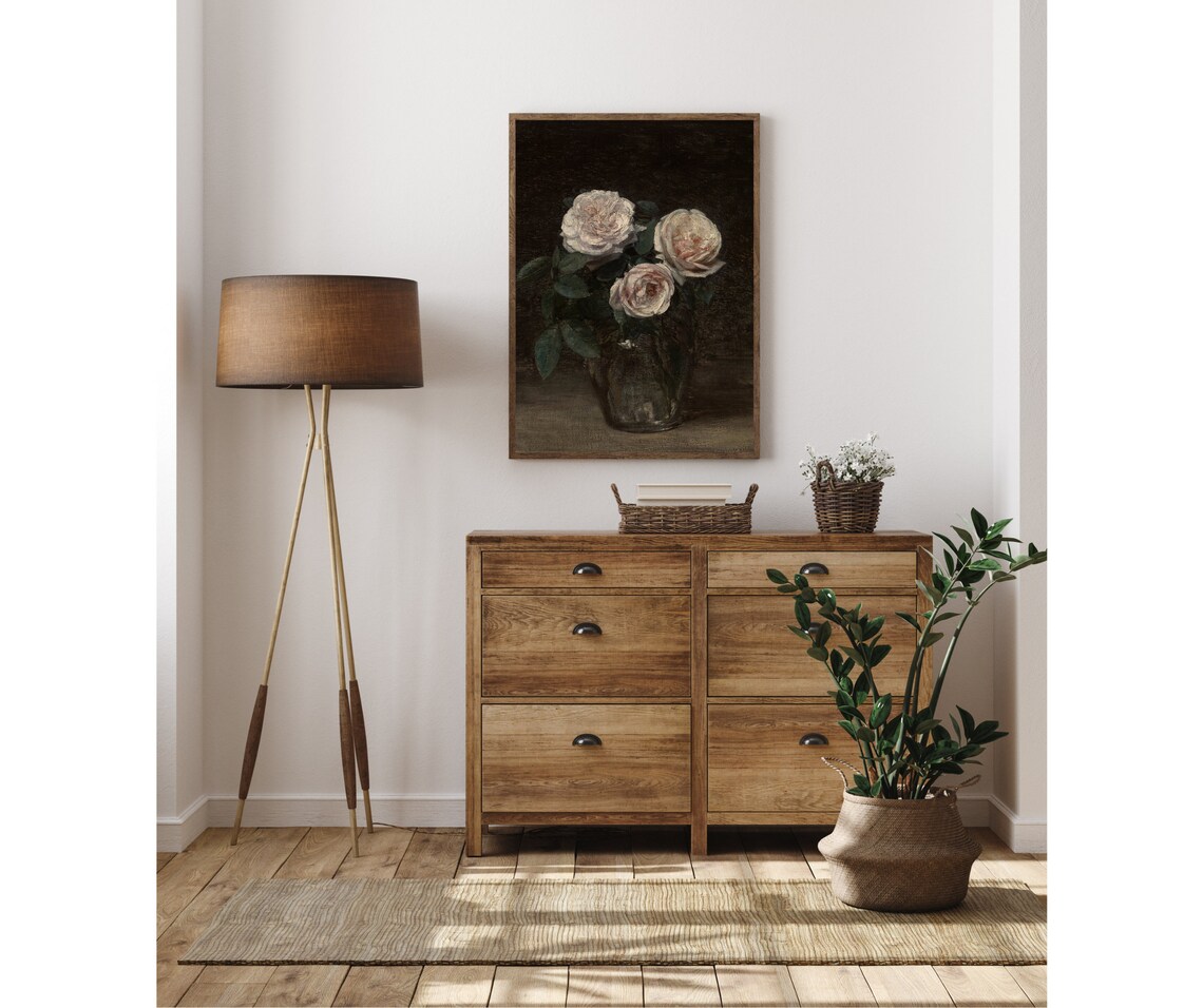 Three Pink Roses Vintage Floral Still Life Art Print - Image 2