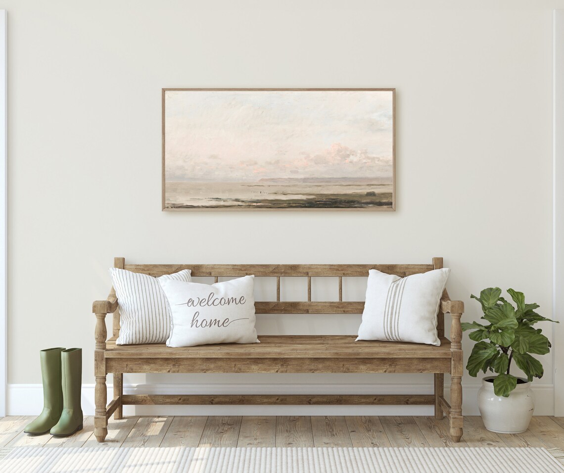 Vintage Hazy Beach Coastal Painting Art Print - Image 3