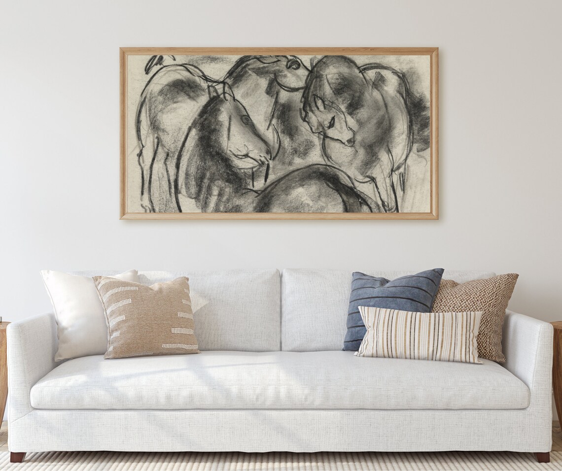 Three Stallions Vintage Horse Sketch, Minimal Art Print - Image 3