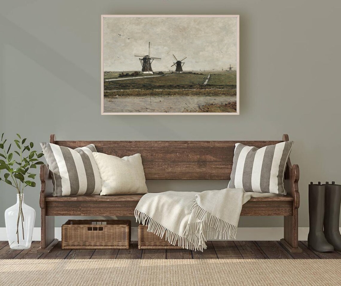 Moody Windmills Vintage Dutch Landscape Art Print - Image 3