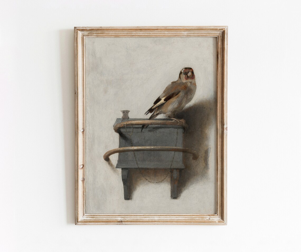 Goldfinch Vintage Bird Painting, Neutral Bird Art Print