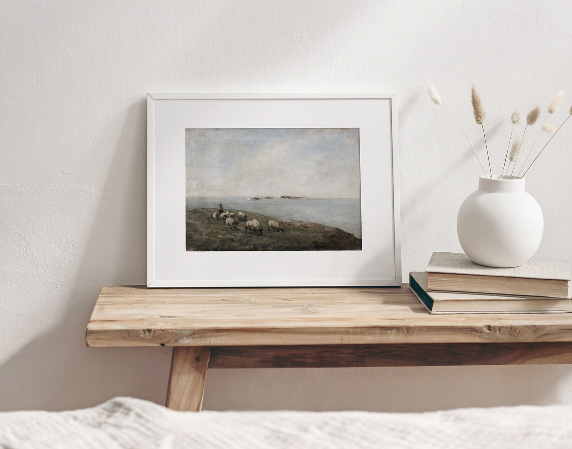 Sheep by the Sea Vintage Coastal Landscape Art Print - Image 2