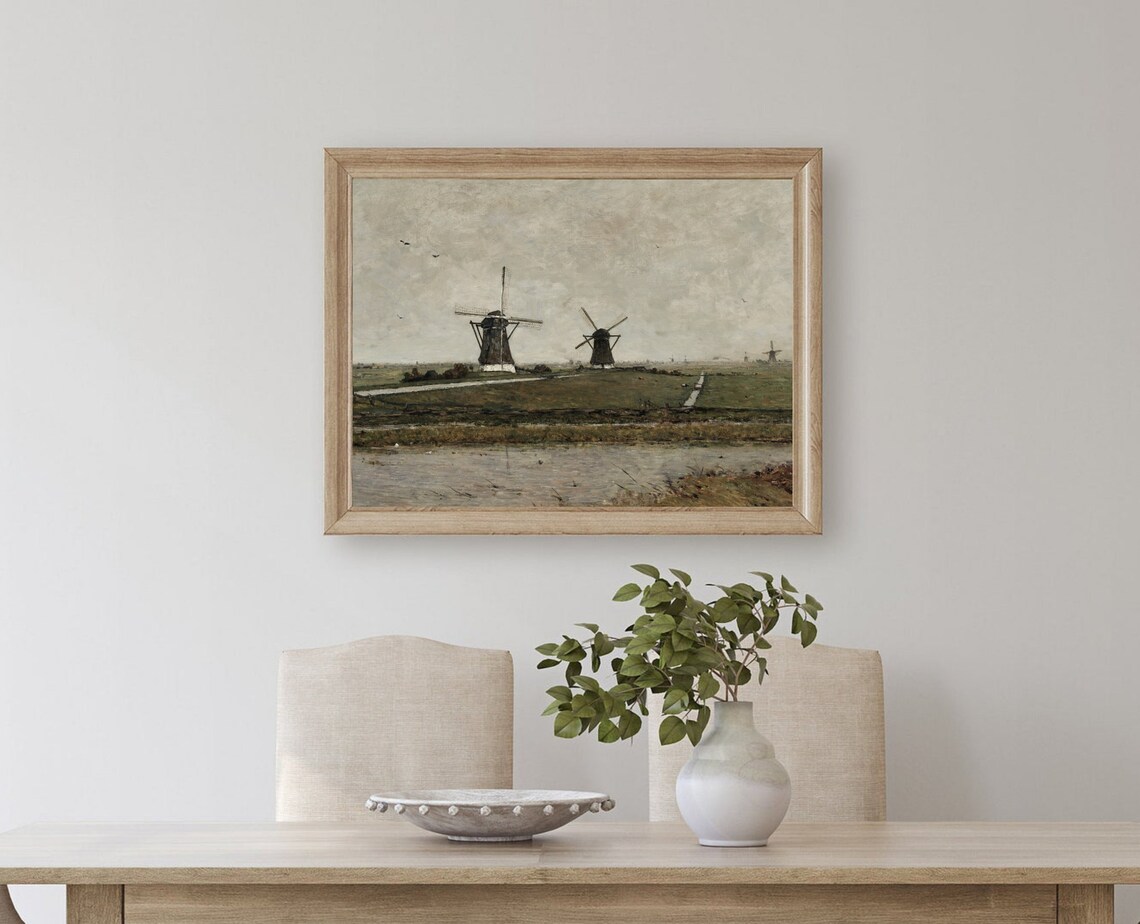 Moody Windmills Vintage Dutch Landscape Art Print - Image 4